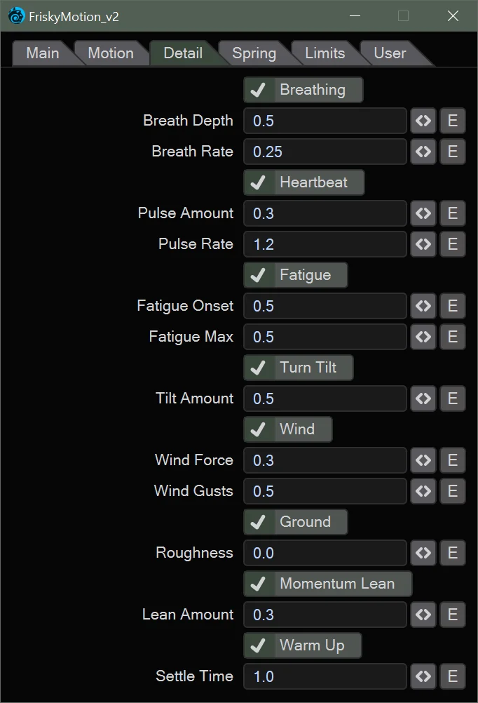 FriskyMotion V2 Detail tab